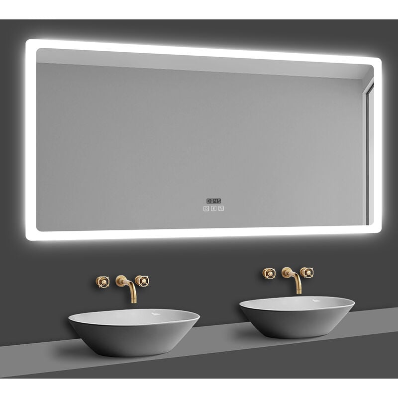 Acezanble - miroir lumineux de salle de bain regtanglaire avec Bluetooth, 3 Couleurs et Horloge 140x80cm
