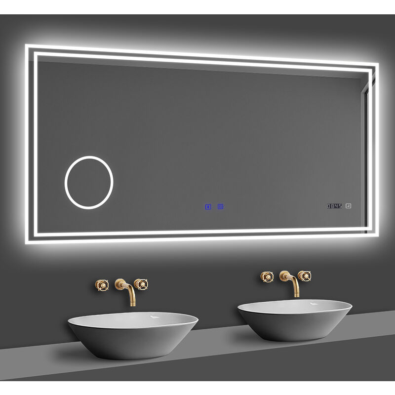 120x70cm miroir lumineux de salle de bain regtanglaire avec Bluetooth, 3 Couleurs, Horloge et Loupe - Acezanble