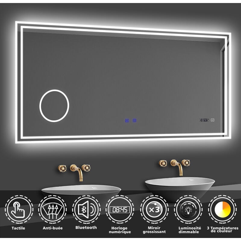 Acezanble - 140x80cm miroir lumineux de salle de bain regtanglaire avec Bluetooth, 3 Couleurs, Horloge et Loupe