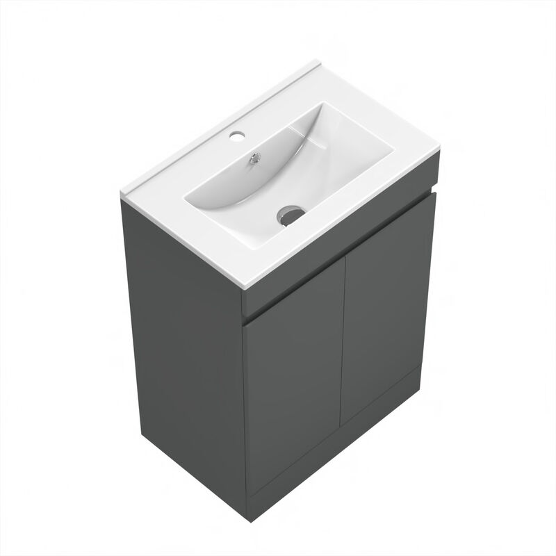 600mm Bathroom Vanity Units with Basin Matte Grey Free-Standing with Two Doors Storage Unit Ceramic Sink - Acezanble