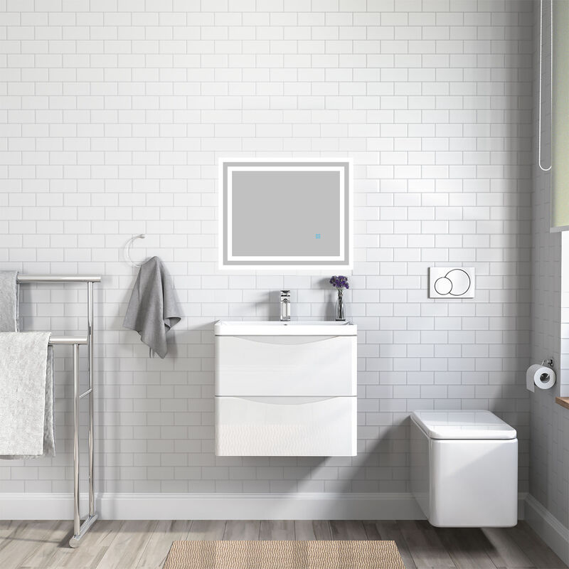 600mm Bathroom Vanity Unit with Basin Gloss White Cloakroom Sink Unit Wall Hung Two Drawers - Acezanble