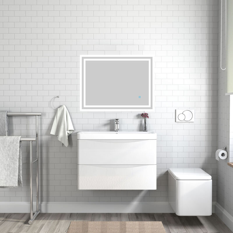 800mm Bathroom Vanity Unit with Basin Gloss White Cloakroom Sink Unit Wall Hung Two Drawers - Acezanble