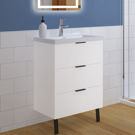 Acezanble 600mm Vanity Unit with Resin Basin Sink Floor Standing 3 Drawer Black Metal Handles Matt White Bathroom Cabinet Storage Furniture