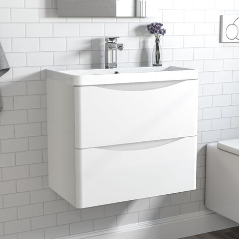 Acezanble 600mm Wall Hung Bathroom Cabinet Vanity Sink Unit with Basin,2 Drawers Gloss White