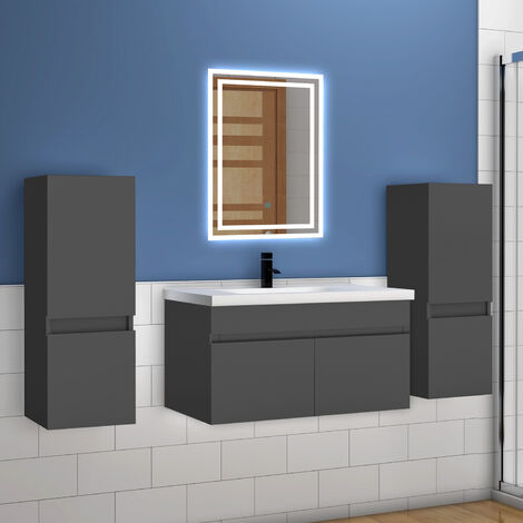 Meuble de Salle de Bain + Meuble Colonne de Salle de Bain Suspendu *2+ Miroir Blanc/Anthracite/Naturel 79.5(L)x45(L)x40(H)cm