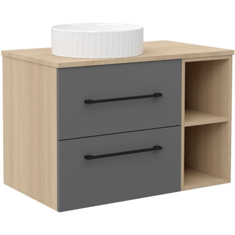 Acezanble 800mm Vanity Unit with Ceramic Sink Wall Hung Bathroom Cabinet Two Drawers Shelf Grey and Oak