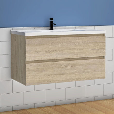 Acezanble 99(L)x44.5(P)x52(H)cm Meuble salle de bain naturel avec 2 tiroirs à une fermeture amortie avec une vasque à suspendre