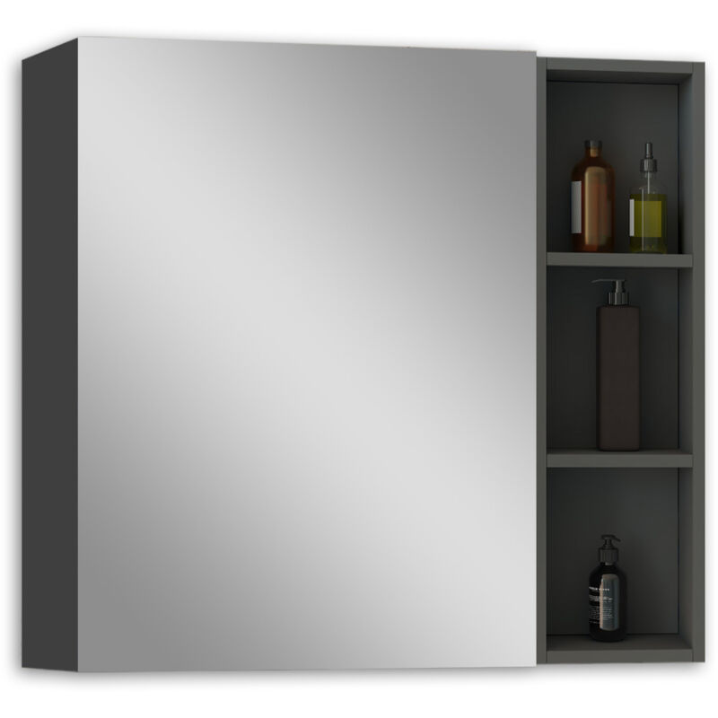 Acezanble Armoire de Toilette Mural avec Miroir Niches Intégrées et Rangement Fermé - Moderne, Anthracite, 70x70 cm