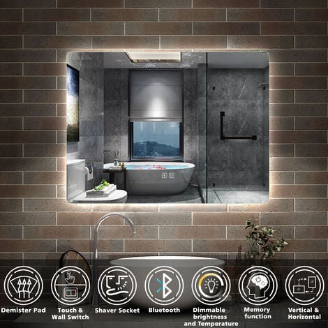 ACEZANBLE 800x600 mm Bluetooth Bathroom Mirror with Shaver Socket, 3 Colors Lights Dimmable, Demister Pad, Hook, Adjustable Brightness, Horizontal/Vertical