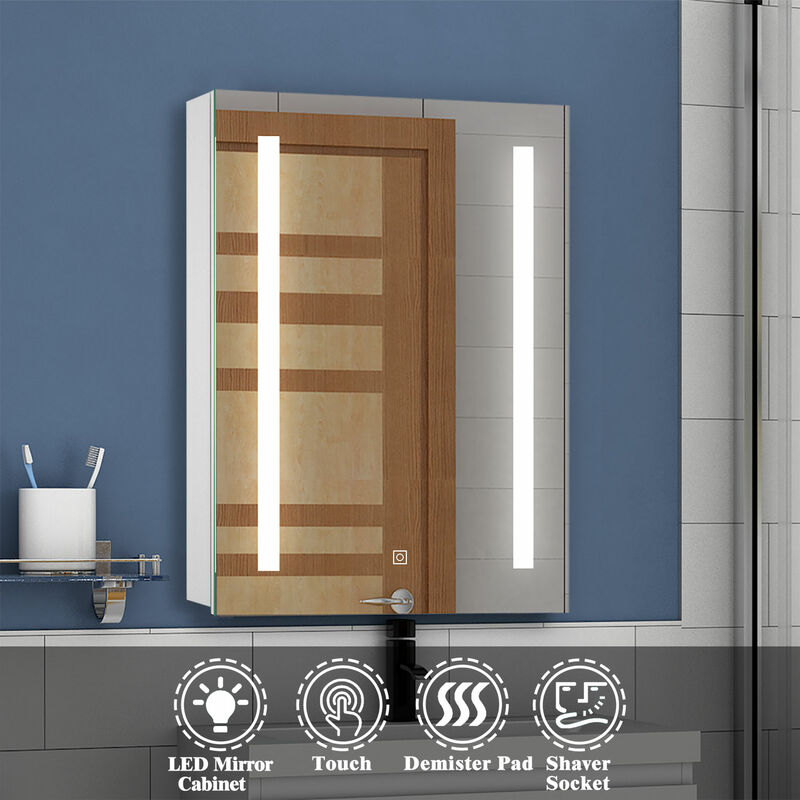 Acezanble - Bathroom Mirror Cabinet with led Light and Shaver Socket, Anti-fog Wall Mounted Bathroom led Mirror with Shelf 600x800mm