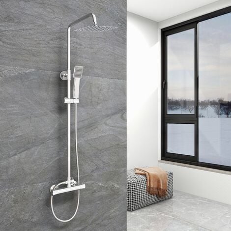 main image of "Acezanble Bathroom Thermostatic Mixer Shower Set Square Chrome Twin Head Exposed Valve Independent Water Divider"