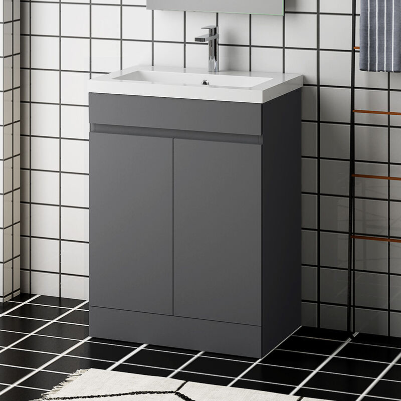 Bathroom Vanity Unit & Basin Sink 600mm Floor Standing Door Grey - Acezanble