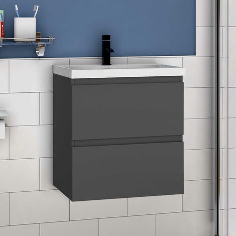 Acezanble Bathroom Vanity Unit with Basin 500mm Wall Hung  Base Cabinet Two Drawers Storage Grey