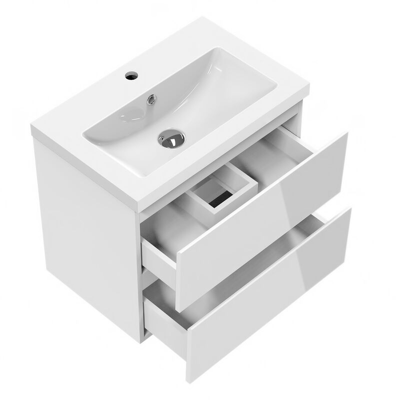 Bathroom Vanity Unit with Basin Gloss White Cloakroom Sink Unit Cabinet Basin Wall Mounted Two Drawers 600mm - Acezanble