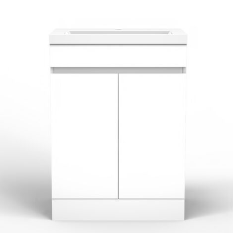 Acezanble Bathroom Vanity Unit with Resin Basin 600mm Freestanding Base Cabinet Storage Gloss White