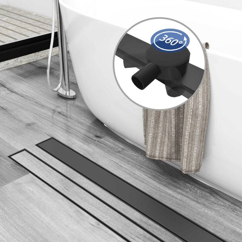 Acezanble - Caniveau de Douche en acier inoxydable italien SUS304 noir avec base pivotante à 360°, 2 en 1 + hauteur réglable, avec filtre