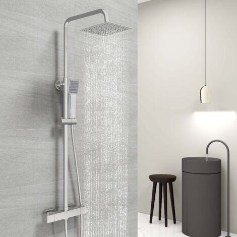 Acezanble Colonne de douche thermostatique chromée avec douche de tête carrée et douchette à main, set de douche de série, système de douche de pluie de salle de bains réglable en hauteur