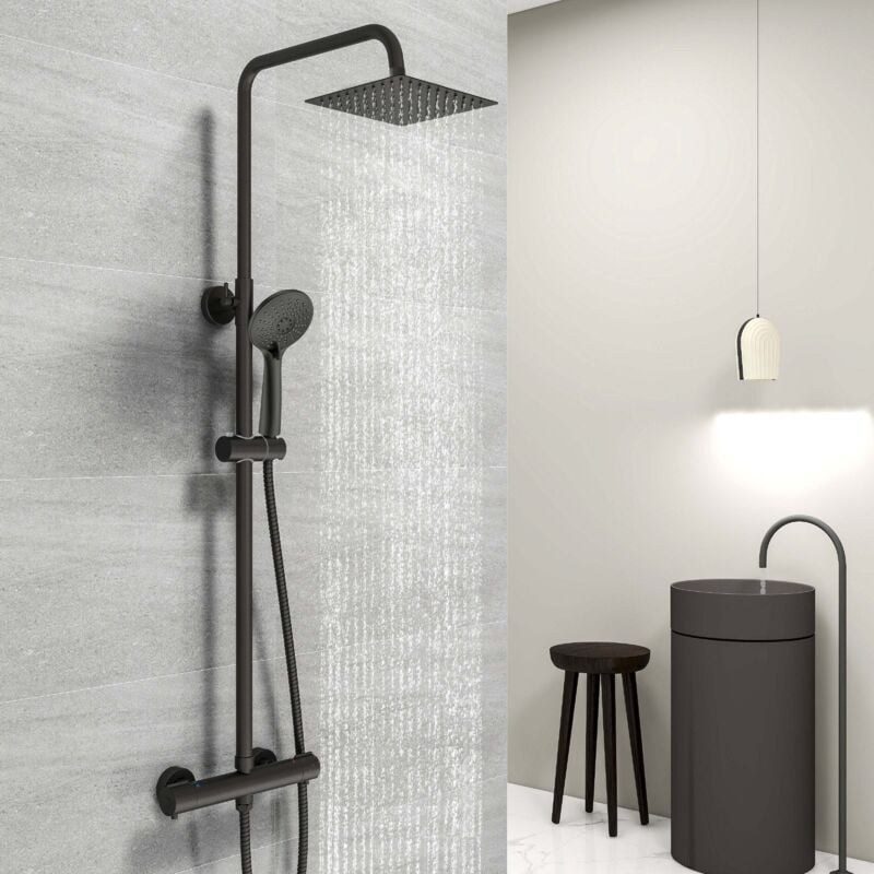 Colonne de douche thermostatique en acier inoxydable, noire, avec kit douchette, douche de tête carrée, hauteur réglable 735-1170mm - Acezanble