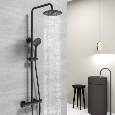 Acezanble Colonne de douche thermostatique en chrome noir, douche de tête carrée, corps en laiton avec douchette, système de douche de salle de bain réglable en hauteur.
