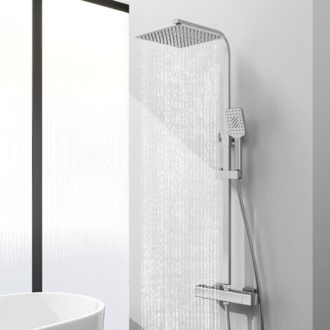 Acezanble colonne de douche thermostatique en laiton chromé, avec douche de tête carrée en acier inoxydable 25X25CM et douchette 3 fonctions, hauteur réglable 752mm-1287mm