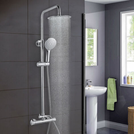Acezanble – Colonne de douche thermostatique réglable 85-125 cm – Pommeau rond en laiton – 3 jets d'eau – Système de douche en chrome brillant
