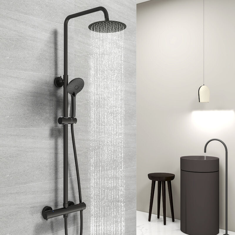 Acezanble - Colonne de Douche Thermostatique Ensemble de Douche Noir Mat avec Douchette 3 Jets Kit de Douche Hauteur Réglable Mitigeur en Laiton