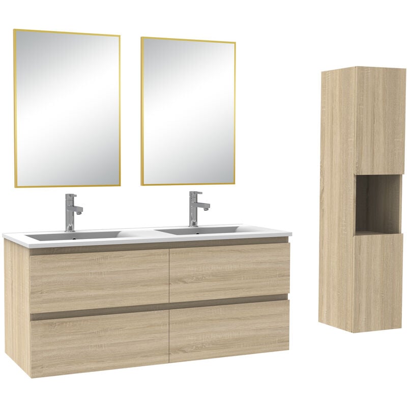 Ensemble de Meuble de Salle de Bain Double Vasque 120 cm + Colonne +Miroir Chêne Wotan - Acezanble