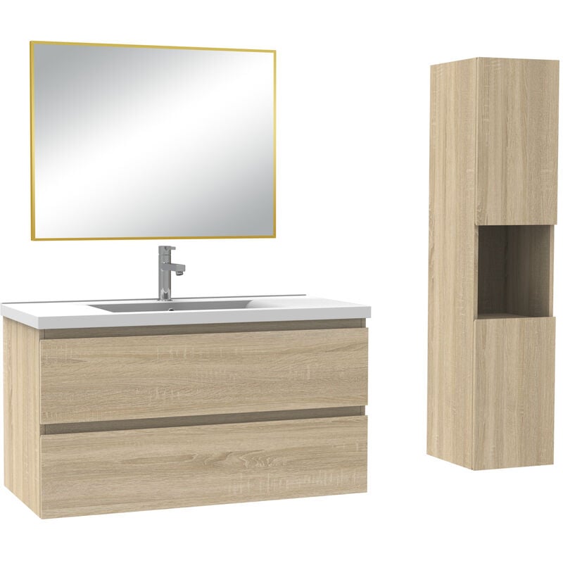 Ensemble de Meuble de Salle de Bain Simple Vasque 100 cm + Colonne +Miroir Chêne Wotan - Acezanble