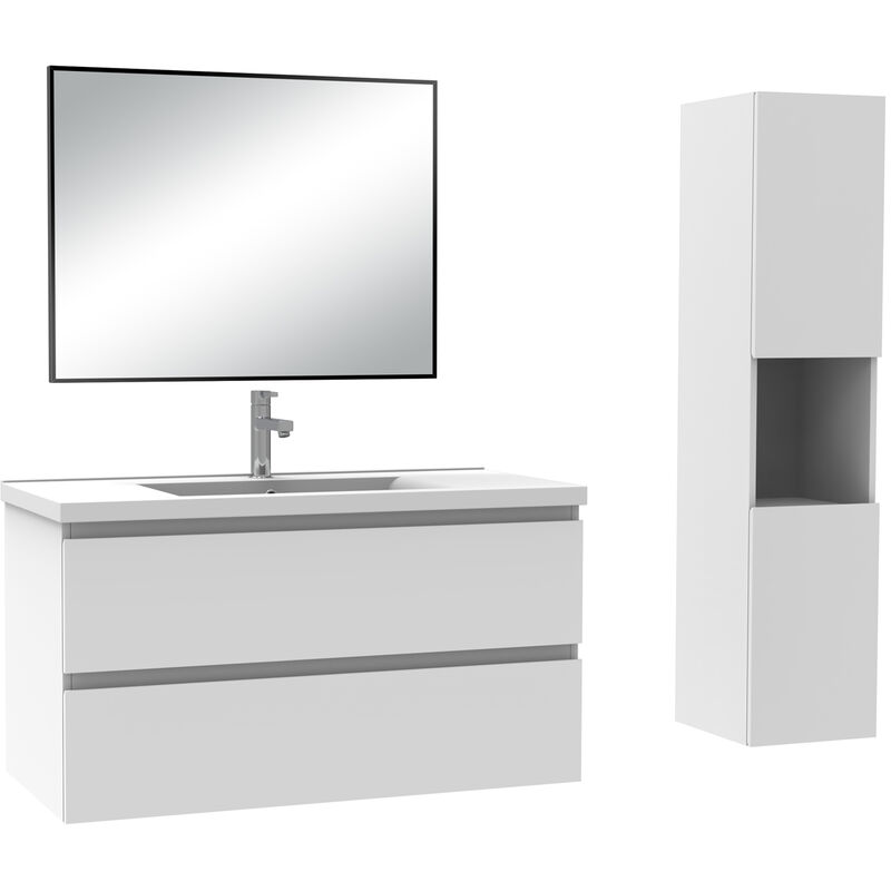 Ensemble de Meuble de Salle de Bain Simple Vasque 100 cm + Colonne +Miroir Blanc - Acezanble