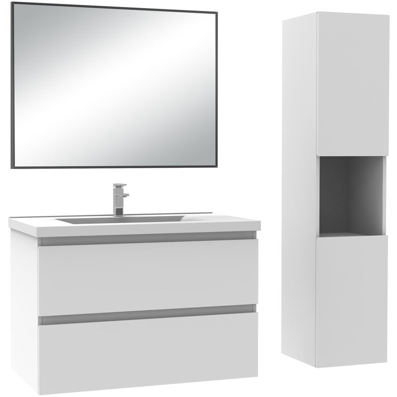 Ensemble de Meuble de Salle de Bain Simple Vasque 80 cm + Colonne +Miroir Blanc - Acezanble