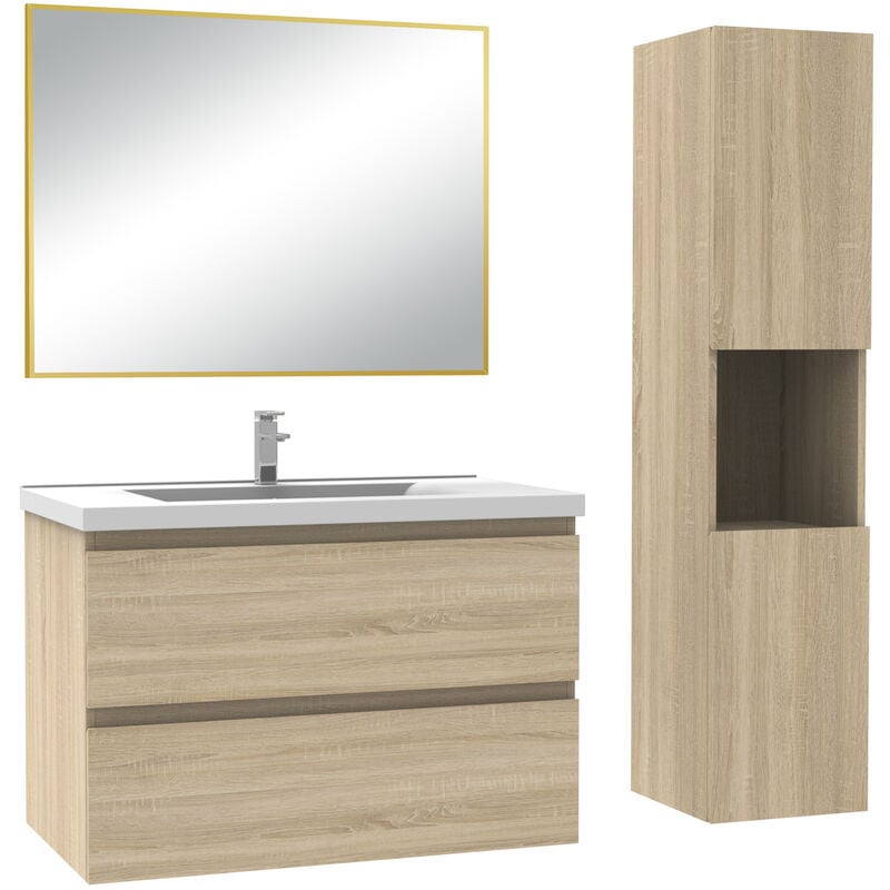Ensemble de Meuble de Salle de Bain Simple Vasque 80 cm + Colonne +Miroir Chêne Wotan - Acezanble