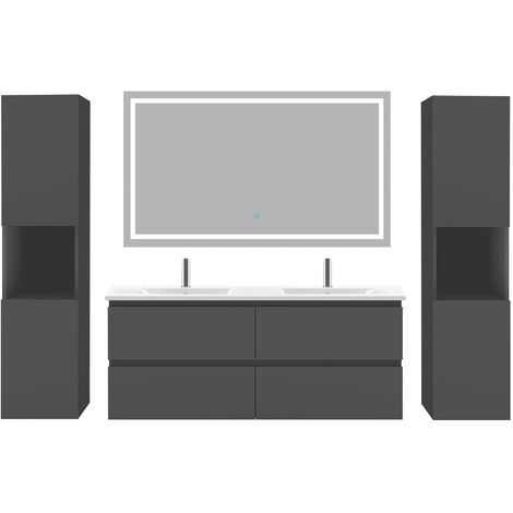 Acezanble – Ensemble de meubles de salle de bain 120cm – 4 tiroirs double vasque – Miroir LED 1200x700mm – Colonne 1315x300mm – MDF anti-déformation