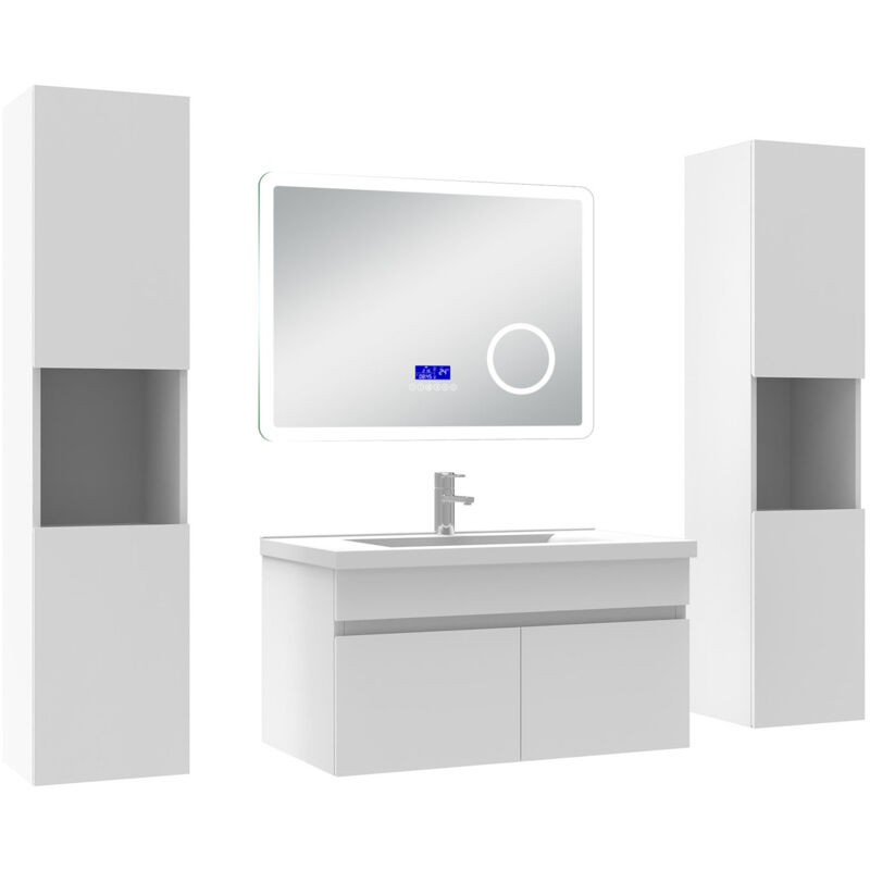 Ensemble meuble 80 cm blanc, lavabo céramique + 2 colonnes hautes + Miroir salle de bain Bluetooth avec 3 couleurs dimmable, suspendu - Acezanble