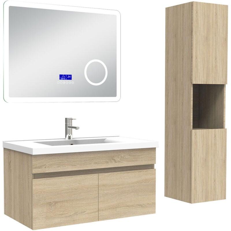 Acezanble Ensemble meuble 80 cm Chêne Wotan, lavabo céramique + colonne haute + Miroir salle de bain Bluetooth avec 3 couleurs dimmable, suspendu