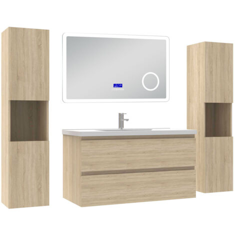 Acezanble ensemble meuble 100 cm Chêne Wotan avec 2 tiroirs à fermeture automatique, lavabo céramique + miroir salle de bain Bluetooth tricolore + 2 colonnes hautes, suspendu