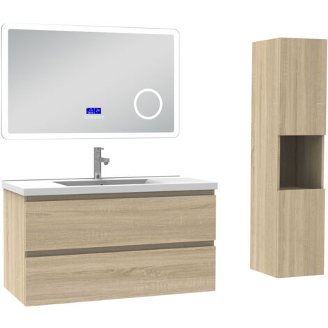 Acezanble ensemble meuble 100 cm Chêne Wotan avec 2 tiroirs à fermeture automatique, lavabo céramique + miroir salle de bain Bluetooth tricolore + colonne haute, suspendu