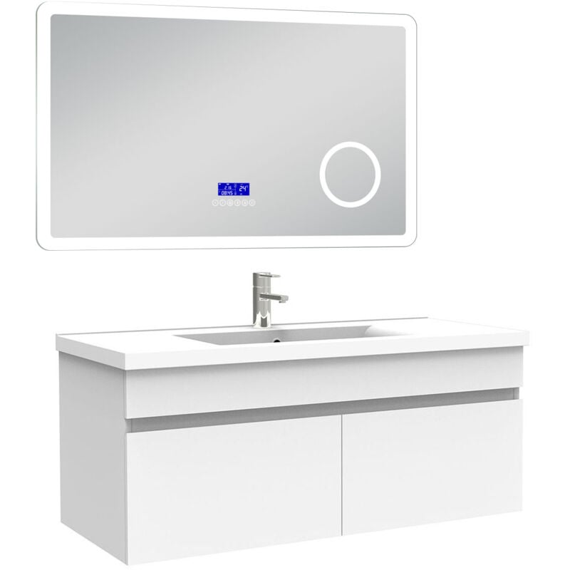 Ensemble meuble 100 cm, lavabo céramique simple + Miroir salle de bain Bluetooth avec 3 couleurs dimmable, blanc à suspendre - Acezanble