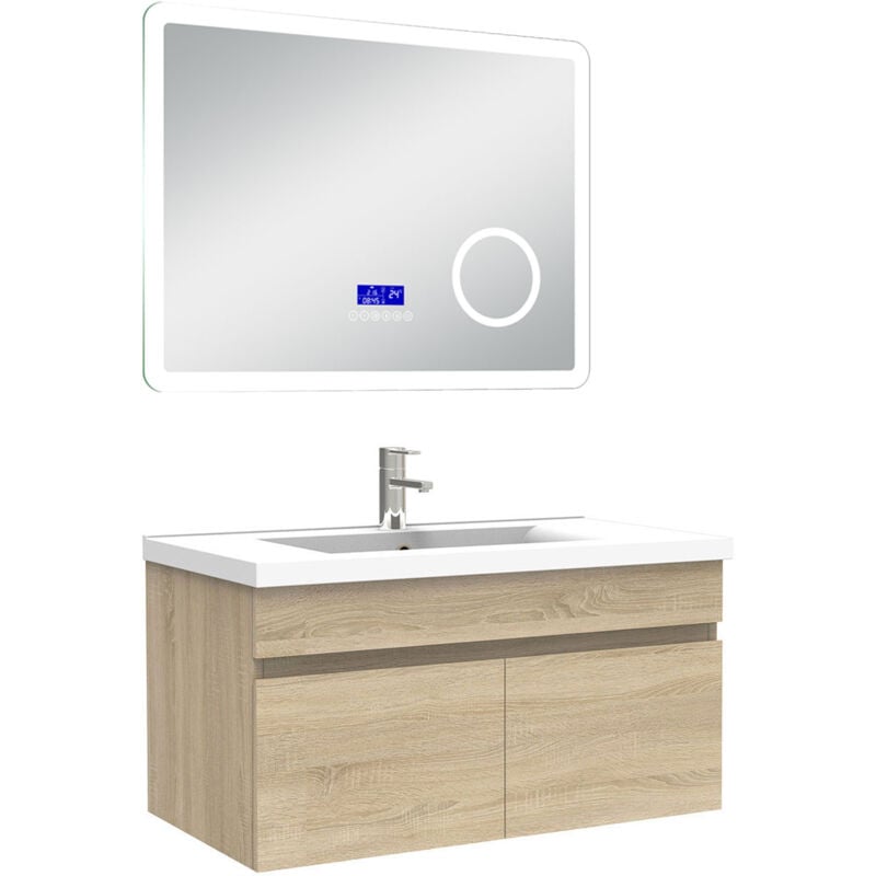 Ensemble meuble 80 cm, lavabo céramique simple + Miroir salle de bain Bluetooth avec 3 couleurs dimmable, Chêne Wotan à suspendre - Acezanble