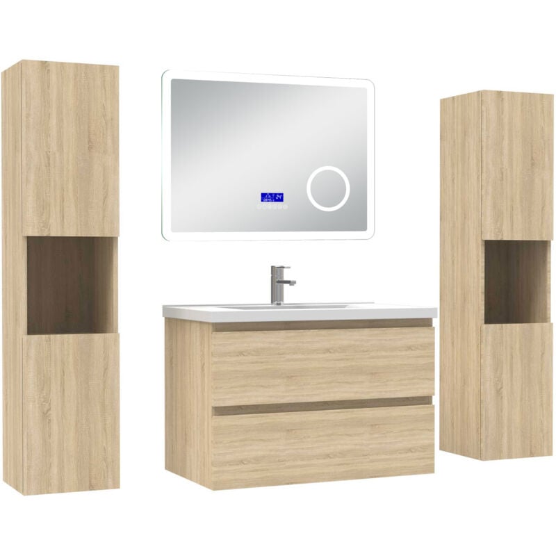 Ensemble meuble 80 cm Chêne Wotan avec 2 tiroirs à fermeture automatique, lavabo céramique + miroir salle de bain Bluetooth tricolore + 2 colonnes