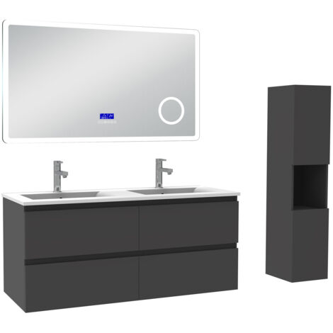 Acezanble ensemble meuble 120 cm anthracite avec 4 tiroirs à fermeture automatique, lavabo céramique + miroir salle de bain Bluetooth tricolore + colonne haute, suspendu