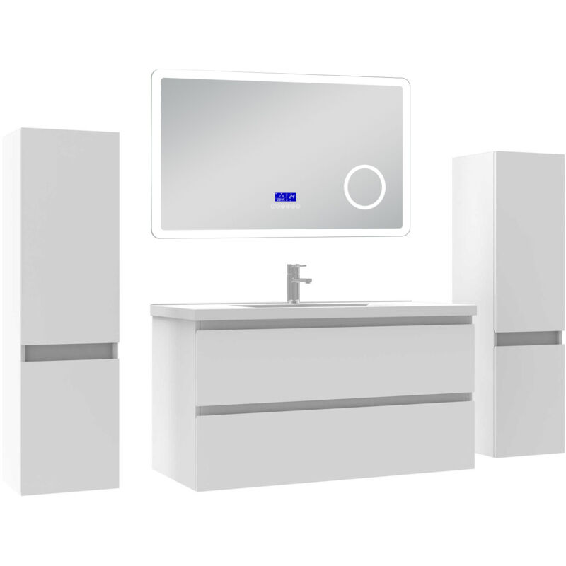 Ensemble meuble 100 cm blanc avec 2 tiroirs à fermeture automatique, lavabo céramique + miroir salle de bain Bluetooth tricolore + 2 colonnes,