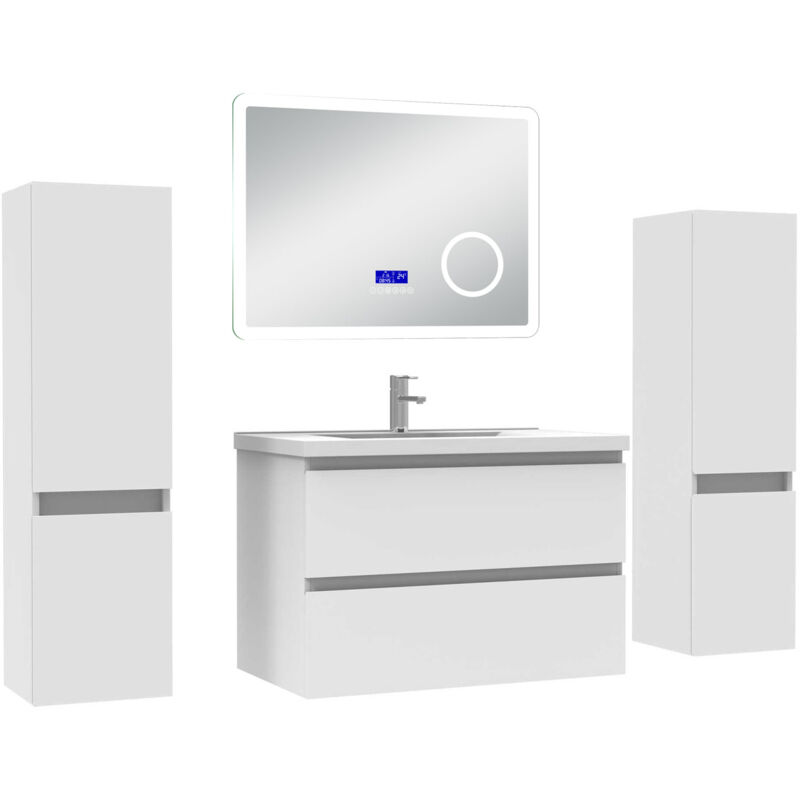 Acezanble ensemble meuble 80 cm blanc avec 2 tiroirs à fermeture automatique, lavabo céramique + miroir salle de bain Bluetooth tricolore + 2