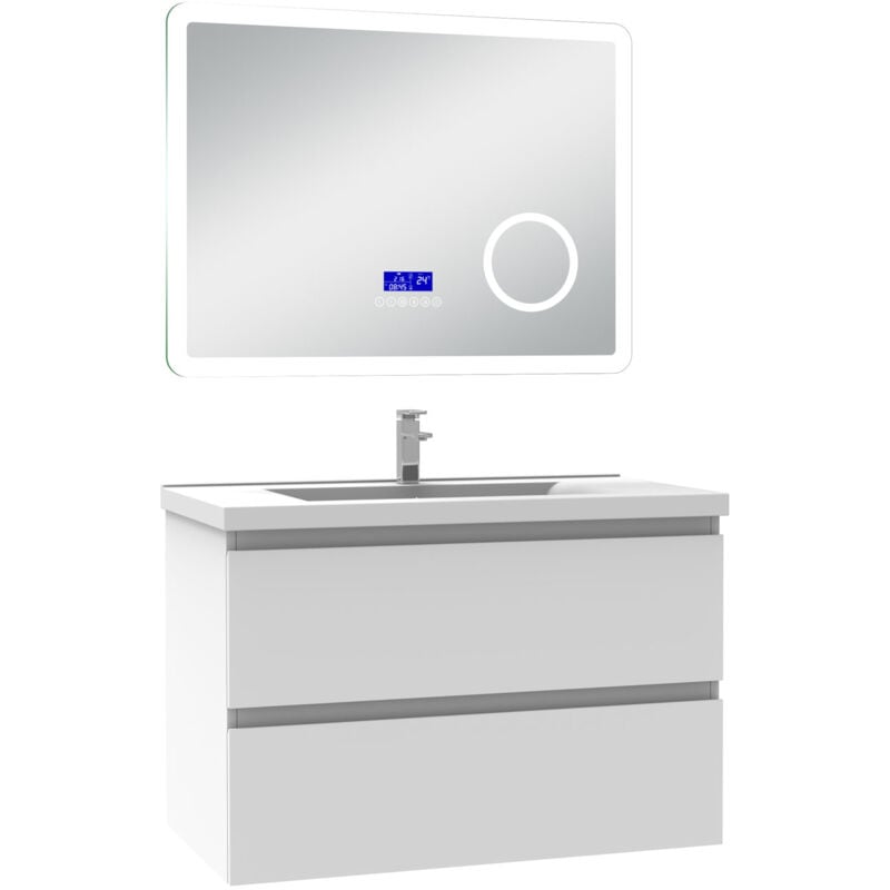 Ensemble meuble 80 cm blanc avec 2 tiroirs à fermeture automatique, lavabo céramique simple + miroir salle de bain Bluetooth tricolore, suspendu