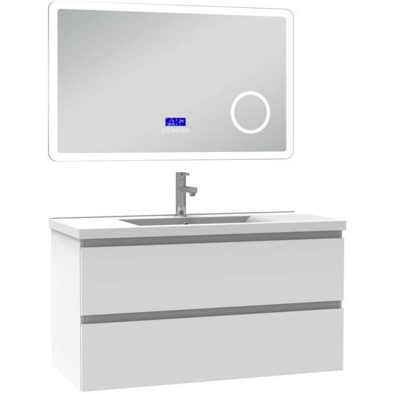 Ensemble meuble 100 cm blanc avec 2 tiroirs à fermeture automatique, lavabo céramique simple + miroir salle de bain Bluetooth tricolore, suspendu