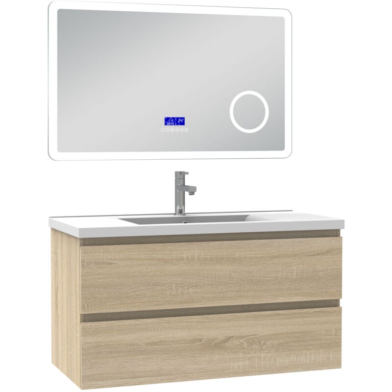 Acezanble ensemble meuble 100 cm Chêne Wotan avec 2 tiroirs à fermeture automatique, lavabo céramique simple + miroir salle de bain Bluetooth