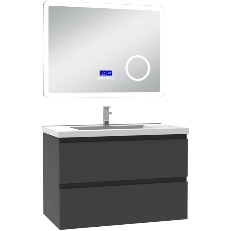 Ensemble meuble 80 cm anthracite avec 2 tiroirs à fermeture automatique, lavabo céramique simple + miroir salle de bain Bluetooth tricolore, suspendu
