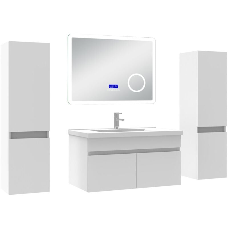 Ensemble meuble 80 cm, lavabo céramique simple + 2 colonnes + Miroir salle de bain Bluetooth avec 3 couleurs dimmable, blanc à suspendre - Acezanble