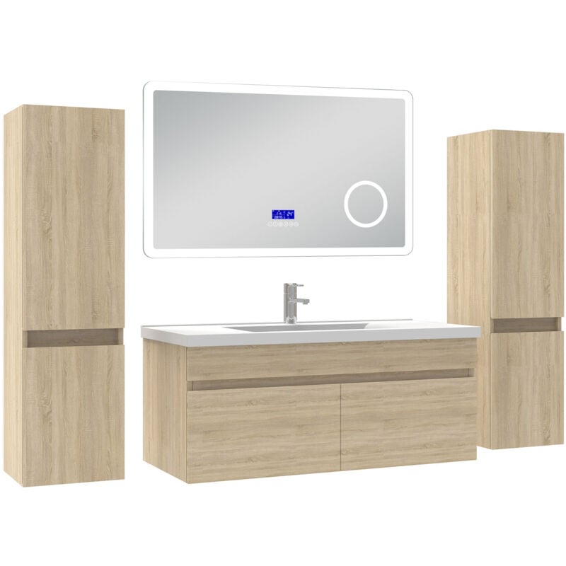 Ensemble meuble 100 cm, lavabo céramique simple + 2 colonnes + Miroir salle de bain Bluetooth avec 3 couleurs dimmable, Chêne Wotan à suspendre