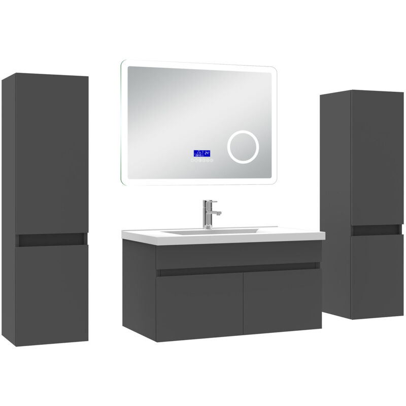 Ensemble meuble 80 cm, lavabo céramique simple + 2 colonnes + Miroir salle de bain Bluetooth avec 3 couleurs dimmable, anthracite à suspendre