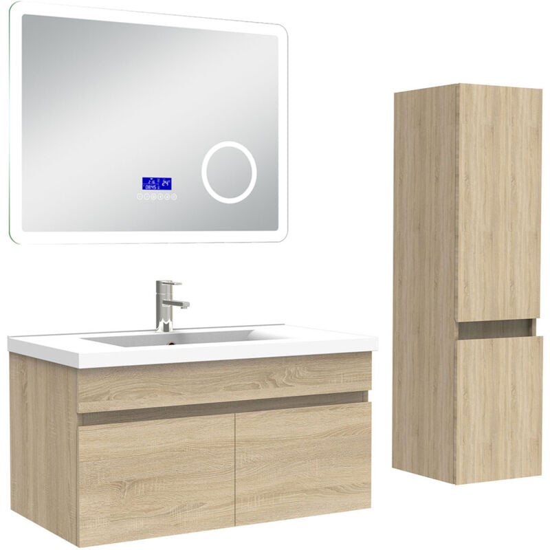 Ensemble meuble 80 cm, lavabo céramique simple + colonne + Miroir salle de bain Bluetooth avec 3 couleurs dimmable, Chêne Wotan à suspendre